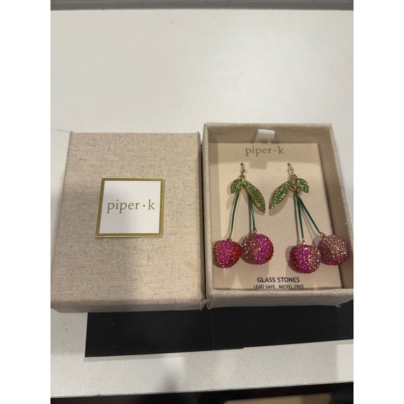 Piper K Cherry Earrings Pink Rhinestone Fruit Dangle Drop Gold Tone - Picture 2 of 5